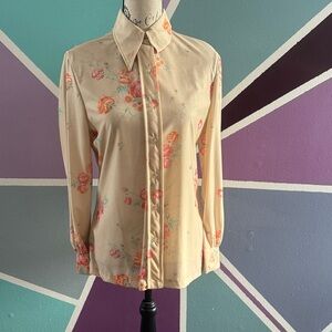 Vintage Floral Beige Button-Up Blouse